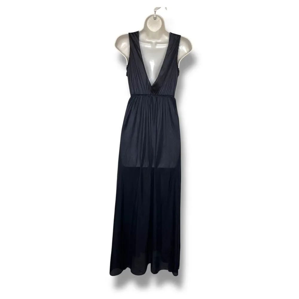Vintage Texsheen Black Lace Nylon Long Nightgown Peignoir Chemise Women Small - Picture 3 of 14